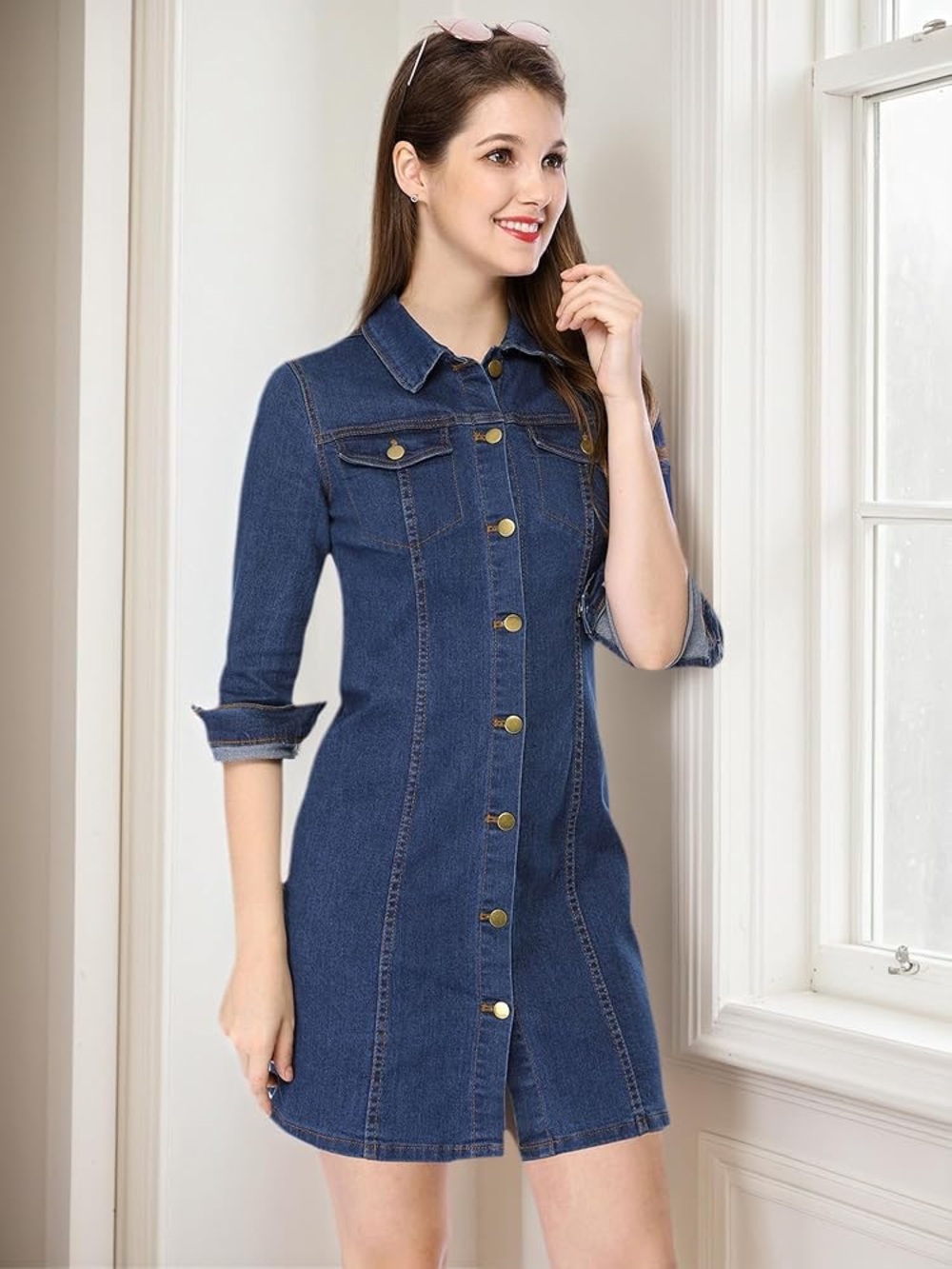 Allegra K Womens Denim Dress 3/4 Sleeve Fitted Mini Jean Small